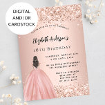 Birthday rose gold glitter princess dress invitation<br><div class="desc">A modern,  stylish and glamorous invitation for a 18th (or any age) birthday party.  A rose gold background with faux gold glitter dust,  a girl wearing a ball gown.  The name is written with a modern hand lettered style script.  Personalize and add your party details.</div>