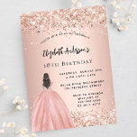 Birthday rose gold glitter princess dress invitation postcard<br><div class="desc">A modern,  stylish and glamorous invitation for a 18th (or any age) birthday party.  A rose gold background with faux gold glitter dust,  a girl wearing a ball gown.  The name is written with a modern hand lettered style script.  Personalize and add your party details.</div>