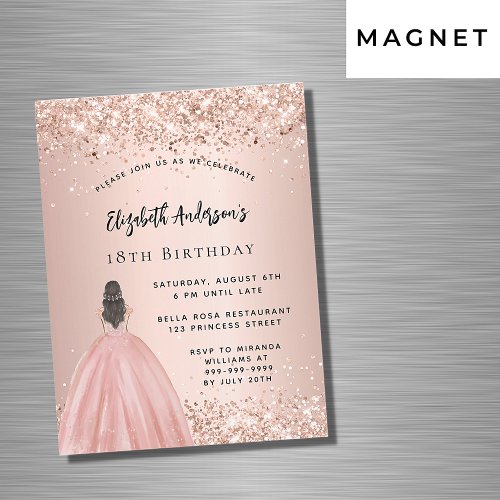 Birthday rose gold glitter princess dress luxury magnetic invitation