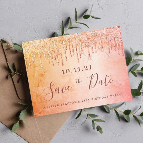 Birthday rose gold glitter save the date postcard