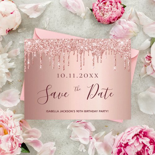 Birthday rose gold glitter save the date  postcard
