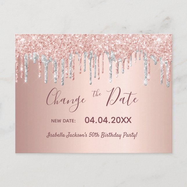 Birthday rose gold glitter silver change the date postcard (Front)