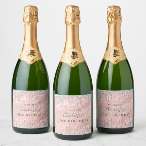 Birthday rose gold glitter silver monogram luxury sparkling wine label