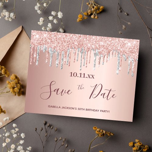 Birthday rose gold glitter silver save the date postcard