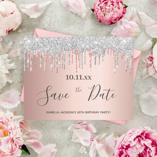 Birthday rose gold glitter silver save the date postcard
