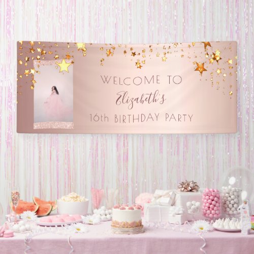 Birthday rose gold glitter stars photo welcome banner