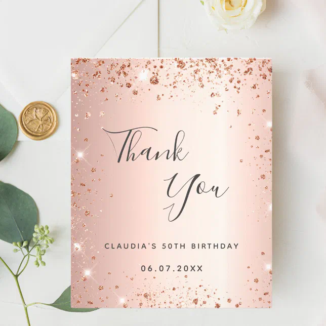 Birthday rose gold glitter thank you card budget flyer | Zazzle