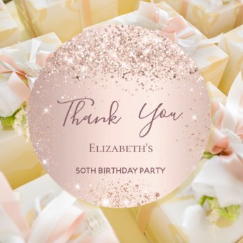 Birthday Rose Gold Glitter Thank You Classic Round Sticker by Thunes at Zazzle