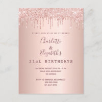 Birthday rose gold glitter two persons invitation postcard