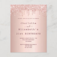 Birthday rose gold glitter two persons invitation postcard