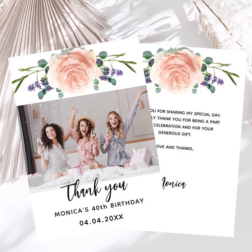 Birthday rose gold lavender floral photo thank you card