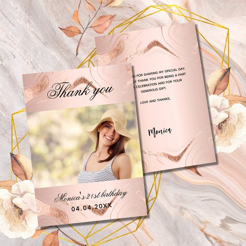 Birthday rose gold marble photo thank you card