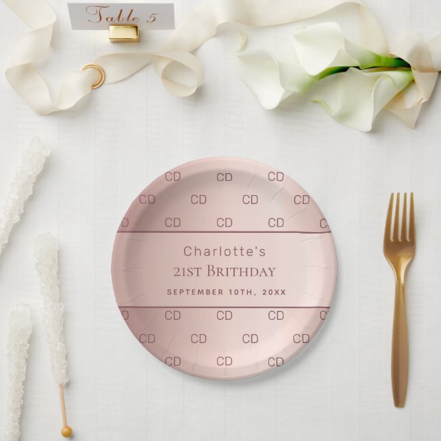Birthday rose gold monogram initials name paper plates (Wedding)
