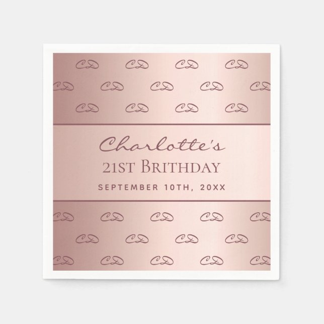 Birthday rose gold monogram initials script napkins (Front)