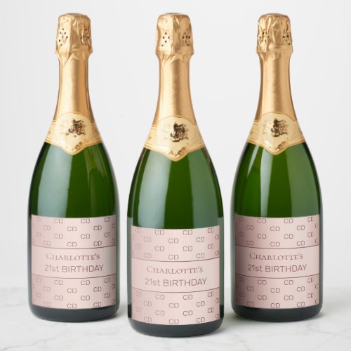 Birthday rose gold monogram pattern initials sparkling wine label