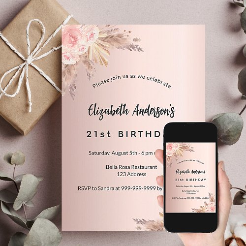 Birthday rose gold pampas grass floral boho invitation