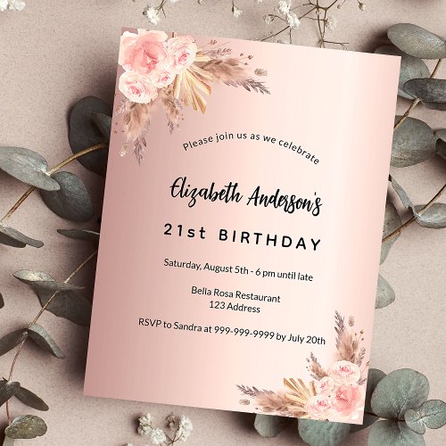 Birthday rose gold pampas grass floral boho invitation postcard