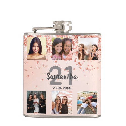 Birthday rose gold photo collage name flask