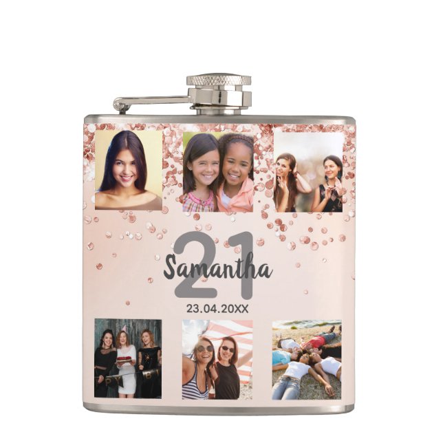 Birthday rose gold photo collage name flask (Front)