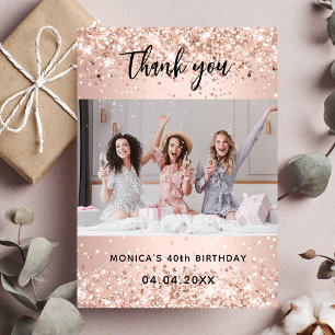 Birthday rose gold photo glitter thank you card