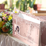 Birthday rose gold photo pink drips large gift bag<br><div class="desc">A gift bag for a girly and glamorous 21st (or any age) birthday. A rose gold background with rose gold drips, paint drip look. The text: The name is written in dark rose gold with a modern hand lettered style script. Tempate for a date and age 21. Personalize and add...</div>