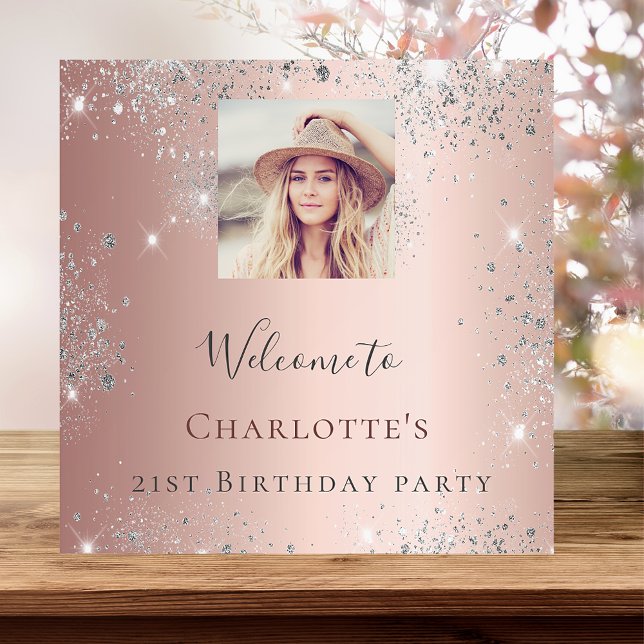 Birthday rose gold photo silver glitter monogram foam board (Creator Uploaded)