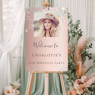 Birthday rose gold photo silver welcome sign