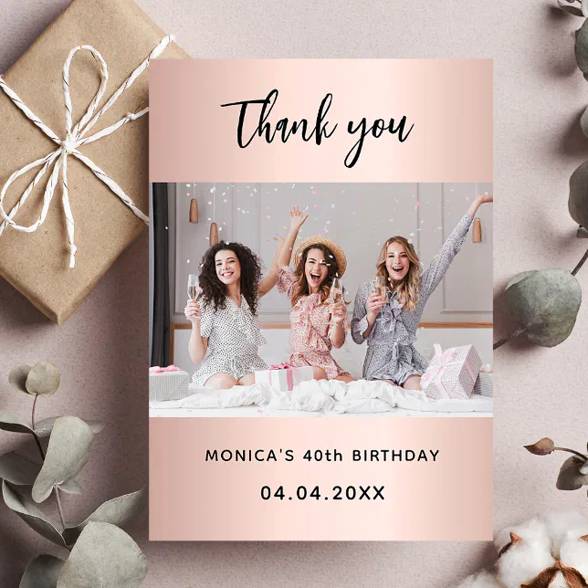 Birthday rose gold photo simple elegant thank you card | Zazzle