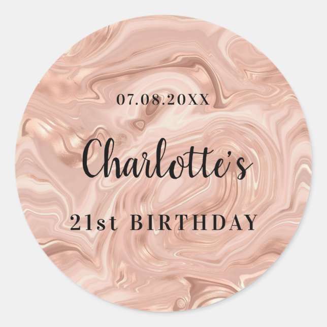 Birthday rose gold pink agate monogram classic round sticker (Front)