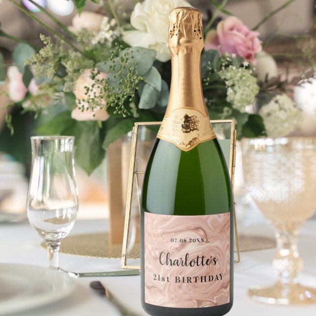 Birthday rose gold pink agate monogram sparkling wine label (Creator Uploaded)