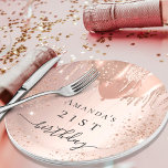 Birthday rose gold pink balloons paper plates<br><div class="desc">For an elegant 21st (or any age) birthday party. A rose gold background. Decorated with rose gold,  pink drips,  paint dripping look and balloons.  Personalize and add the name and age 21.</div>