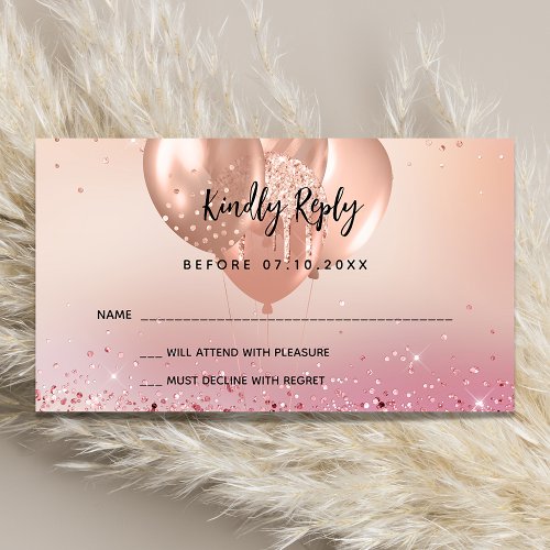 Birthday rose gold pink balloons party RSVP Enclosure Card