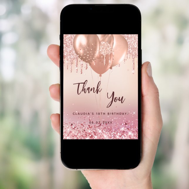Birthday rose gold pink balloons thank you card (Front Digital)