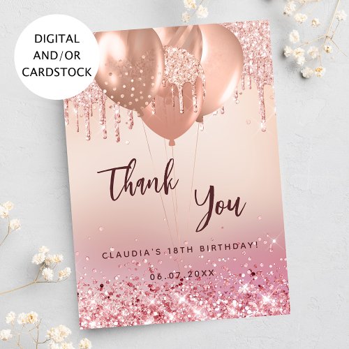 Birthday rose gold pink balloons thank you card
