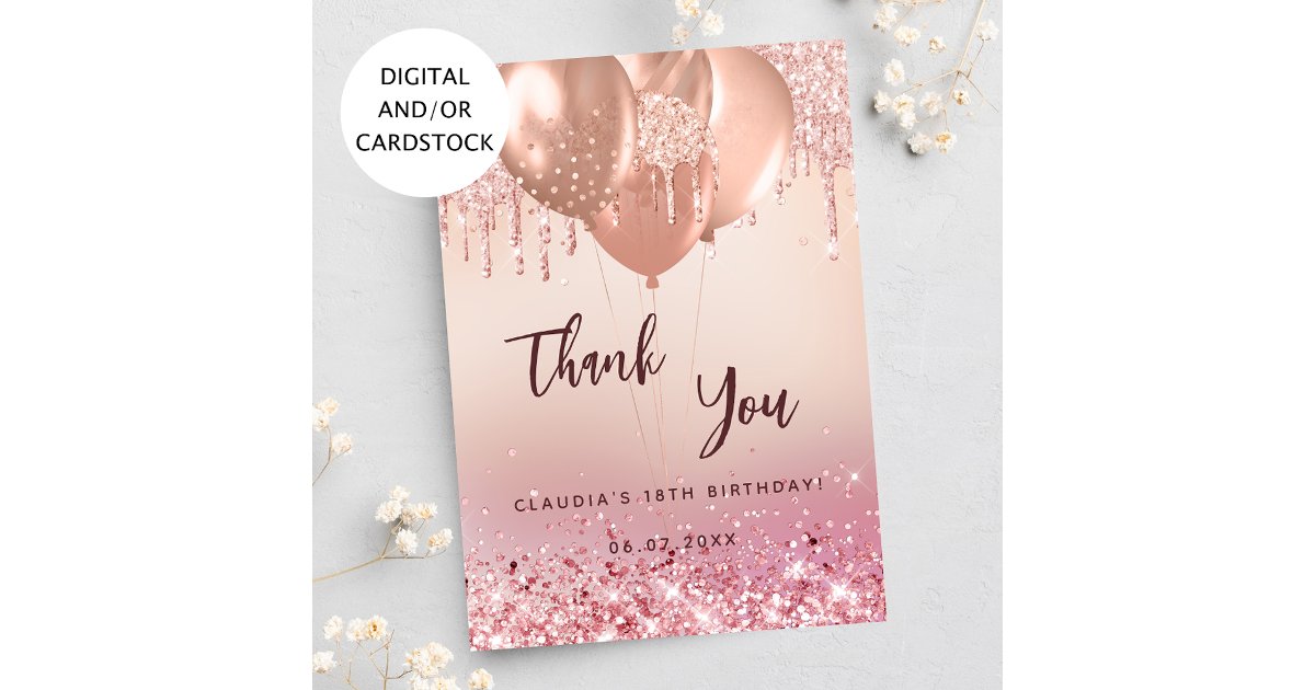 Birthday rose gold pink balloons thank you card | Zazzle