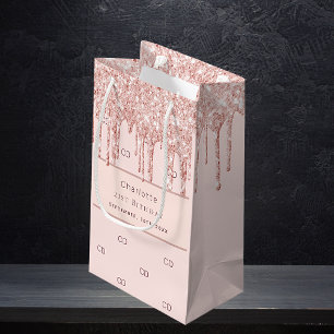 Birthday rose gold pink drips custom monogram small gift bag
