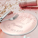 Birthday rose gold pink drips name paper plates<br><div class="desc">A paper plate for a girly and glamorous 50th (or any age) birthday party. A rose gold colored background with rose gold drips, paint drip look. The text: The name is written in dark rose gold with a large modern hand lettered style script. Template for name, age 50 and a...</div>