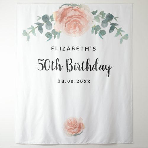 Birthday rose gold pink floral eucalyptus white tapestry