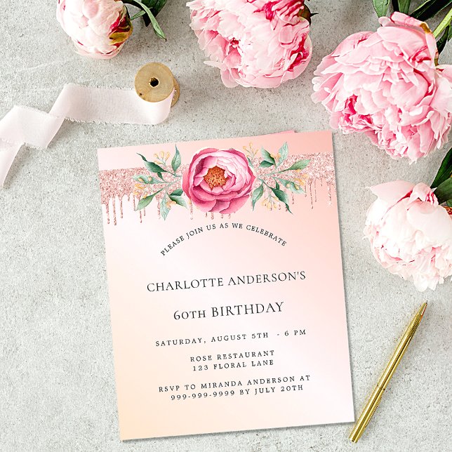 Birthday rose gold pink florals budget invitation flyer (Creator Uploaded)
