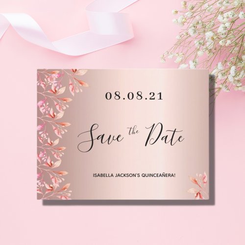 Birthday rose gold pink florals save the date postcard