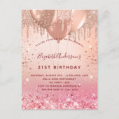Birthday rose gold pink glitter balloons invitation postcard (Front)