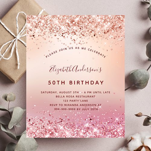 Birthday rose gold pink glitter budget invitation flyer