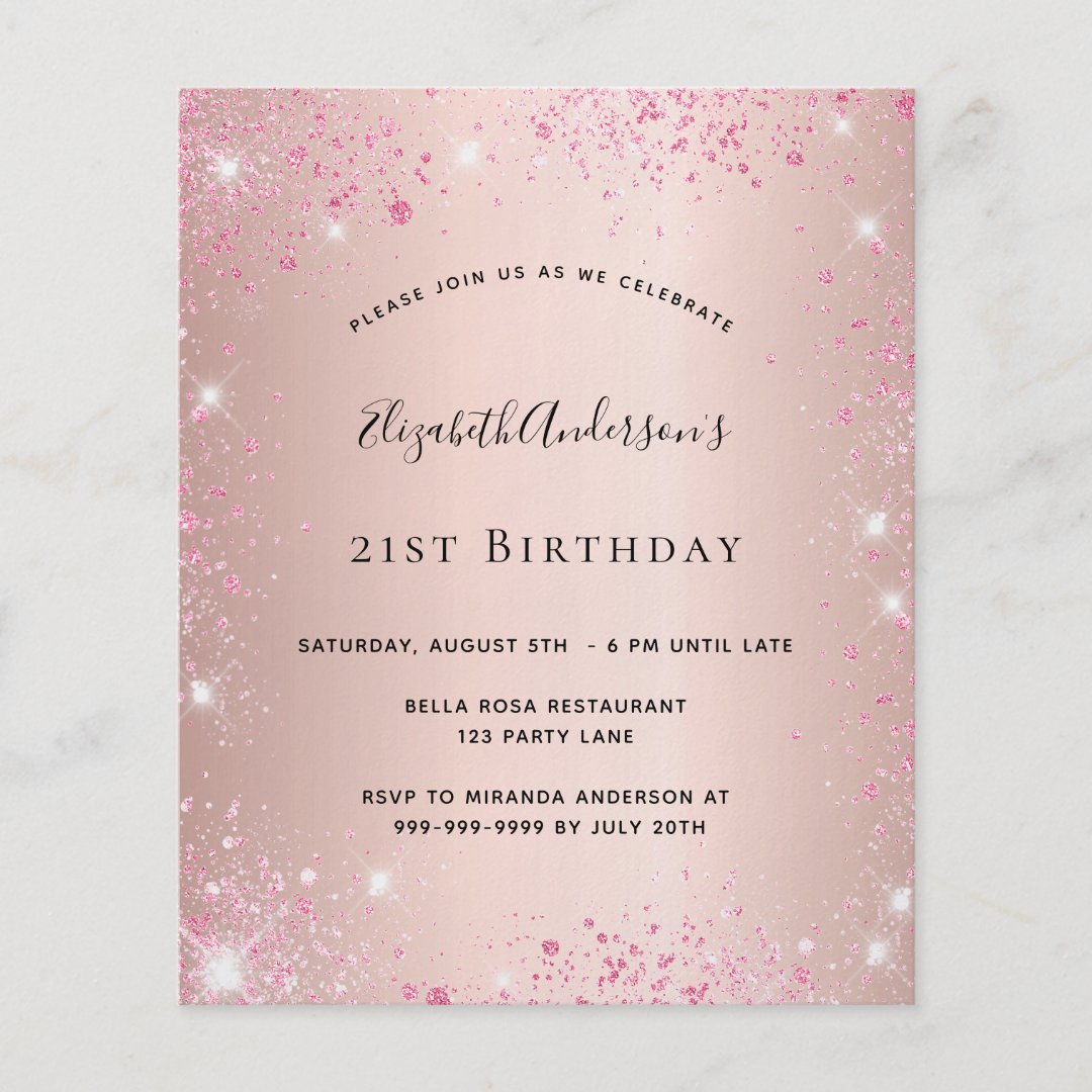 Birthday Rose Gold Pink Glitter Budget Invitation Flyer 