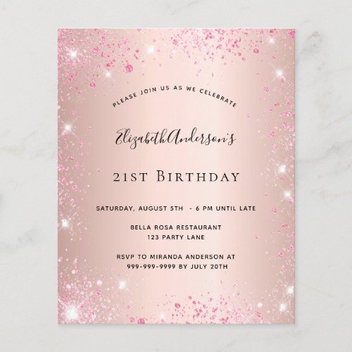 Birthday rose gold pink glitter budget invitation flyer