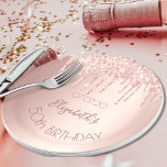 Birthday rose gold pink glitter drips name paper plates<br><div class="desc">A paper plate for a girly and glamorous 50th (or any age) birthday party. A rose gold colored background with rose gold faux glitter drips, paint drip look. The text: The name is written in dark rose gold with a large modern hand lettered style script. Template for name, age 50...</div>