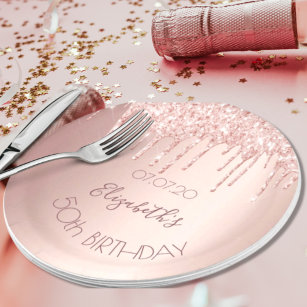 Birthday rose gold pink glitter drips name paper plates