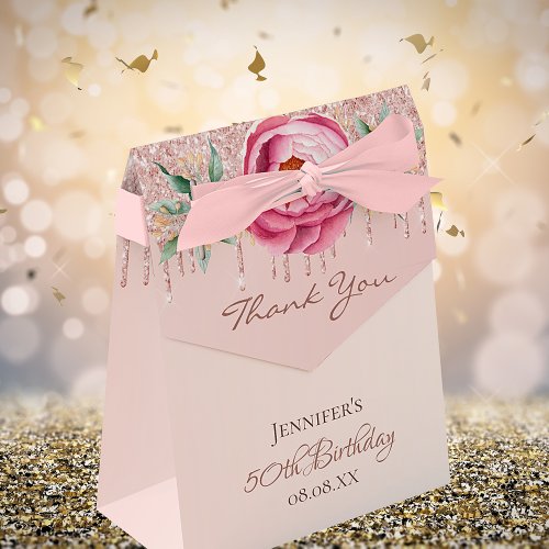 Birthday rose gold pink glitter floral thank you favor boxes