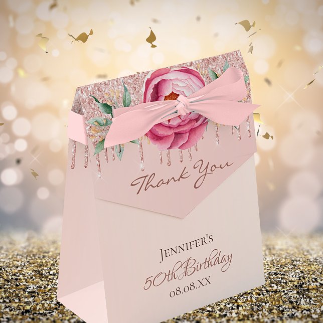 Birthday rose gold pink glitter floral thank you favor boxes (Creator Uploaded)
