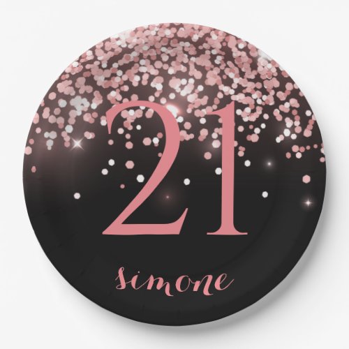 Birthday rose gold pink glitter glam 21st paper plates