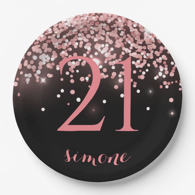 Birthday rose gold pink glitter glam 21st paper plates (Front)